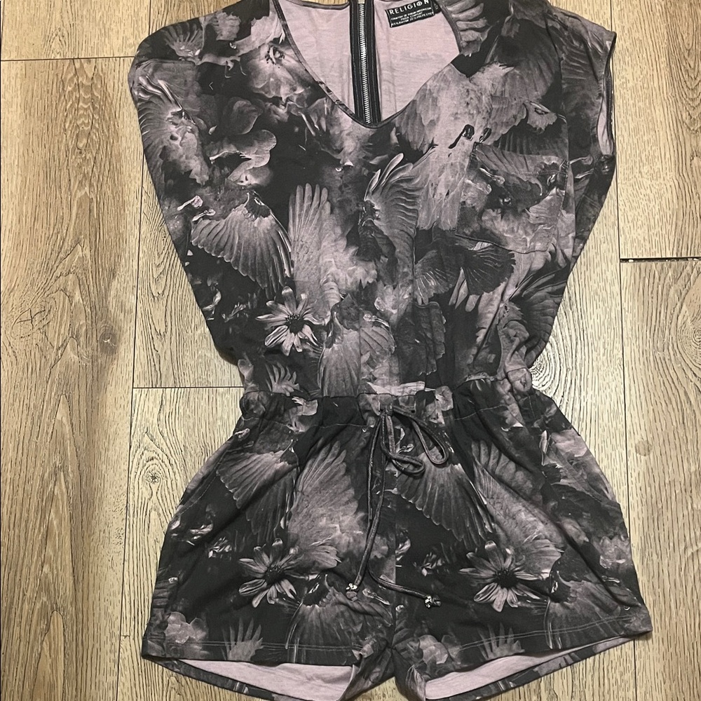 Black Floral & Dove Print Sleeveless Romper with Drawstring Waist